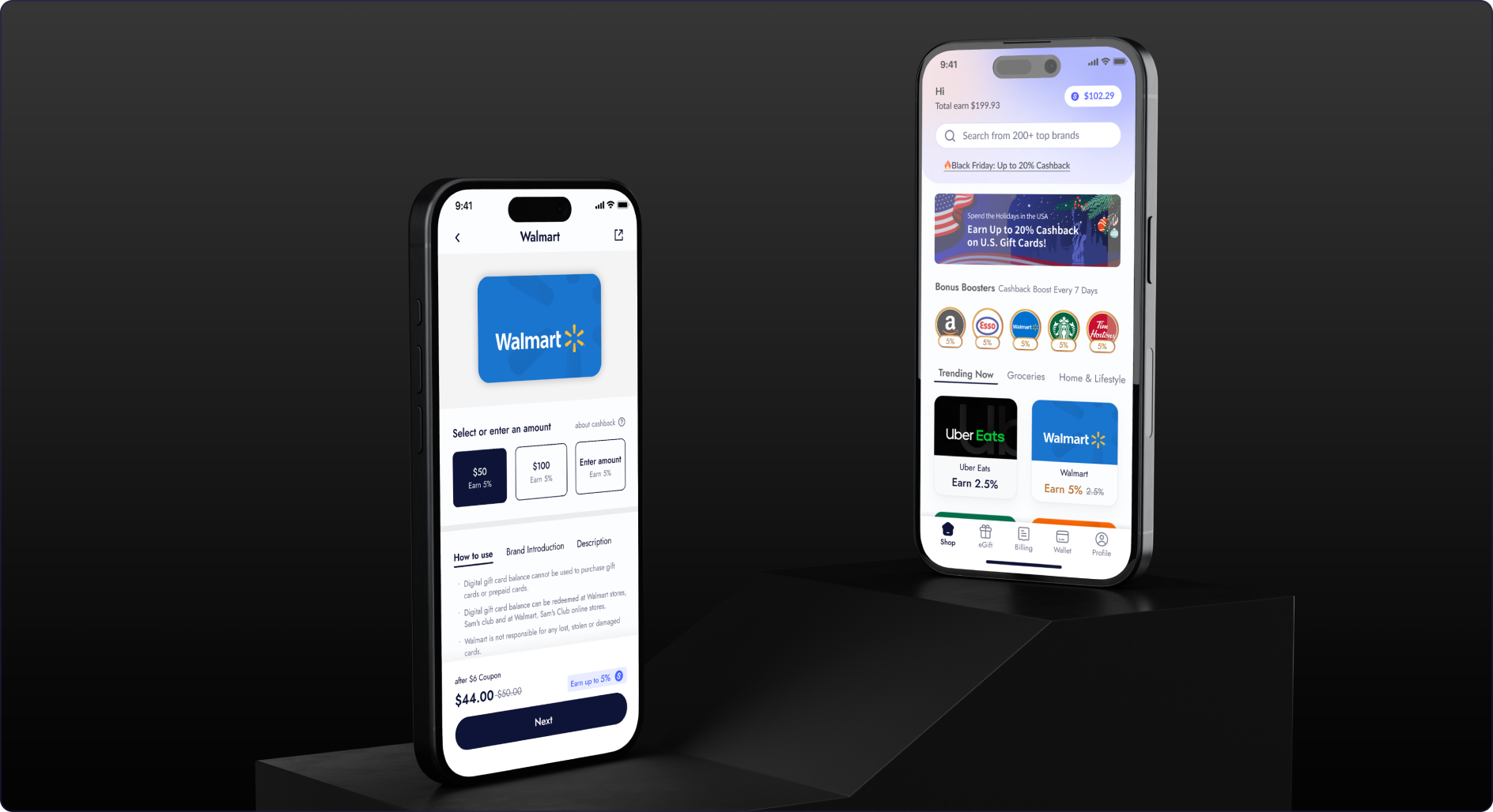 Snaplii app — two iPhone mockups showing the redesigned home and rewards screens