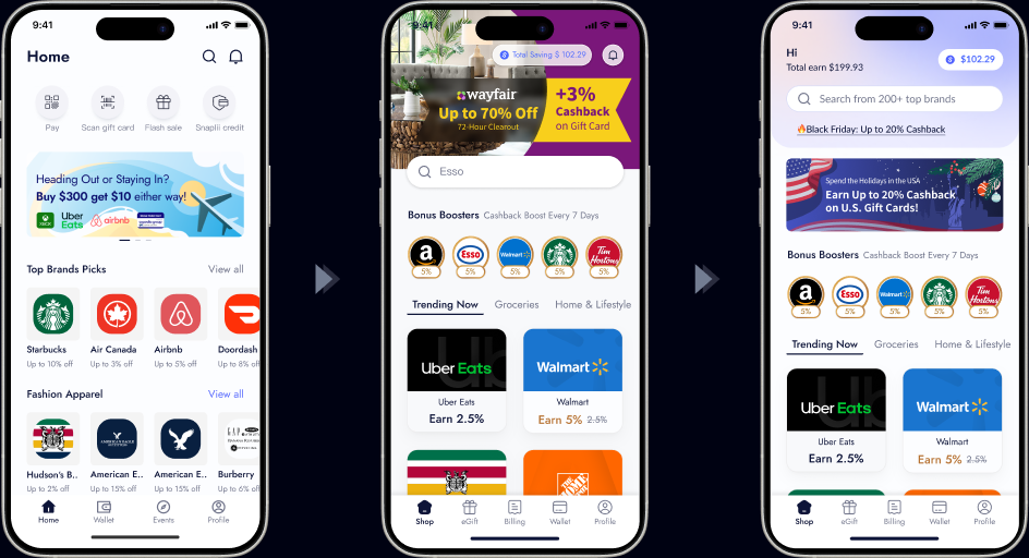 Homepage redesign — three phone screens showing before and after the redesign